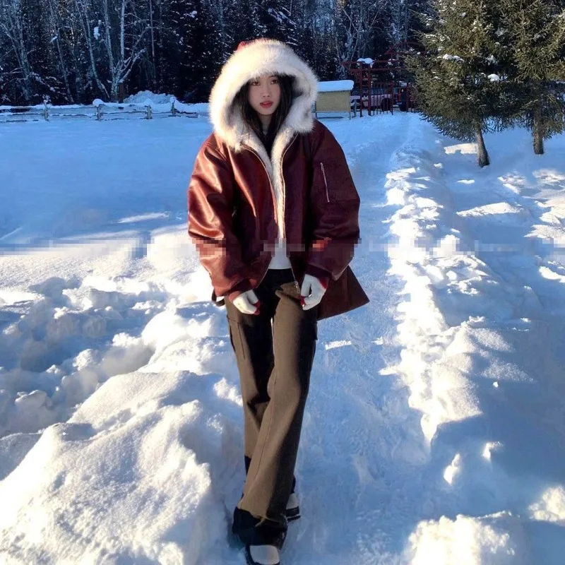 امرأة كبيرة فو الثعلب الفراء مقنعين طوق فو سترة جلدية سميكة فرو المنك تقسم بولي Coat معطف القطن اصطف سحابات سترة القمم