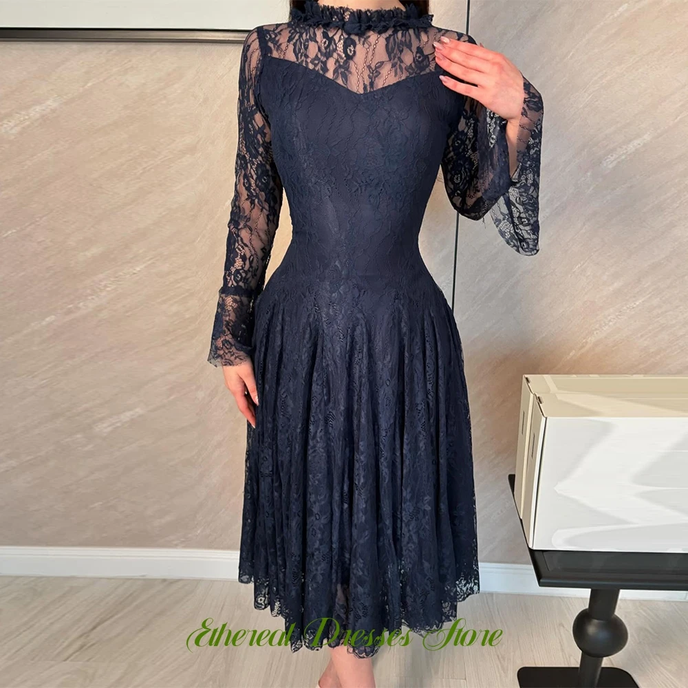 

Luxury Navy Blue Lace Evening Dress Graceful Long Sleeves Prom Dresses Temperament O-Neck Customized Special Occasion Gowns