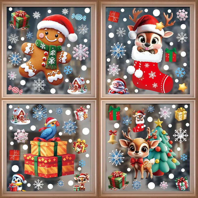 Pegatinas navideñas festivas de vidrio estático de PVC, muñeco de nieve, árbol de Papá Noel, sin pegamento, decoración navideña reutilizable para el hogar, fiestas y tiendas