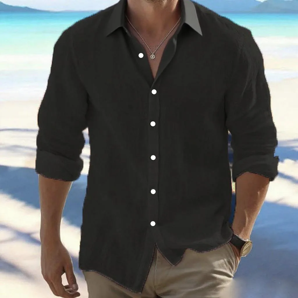 Camicia con risvolto a maniche lunghe da uomo di grandi dimensioni 2026 di vendita calda in misto cotone tinta unita estiva colletto alla coreana stile spiaggia casual