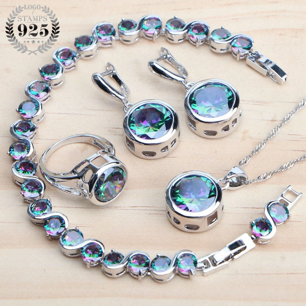 925 Sterling Silver Jewelry Sets Bridal Women Natural Magic Rainbow Zircon Earrings Ring Bracelets Pendant Wedding Necklace Set