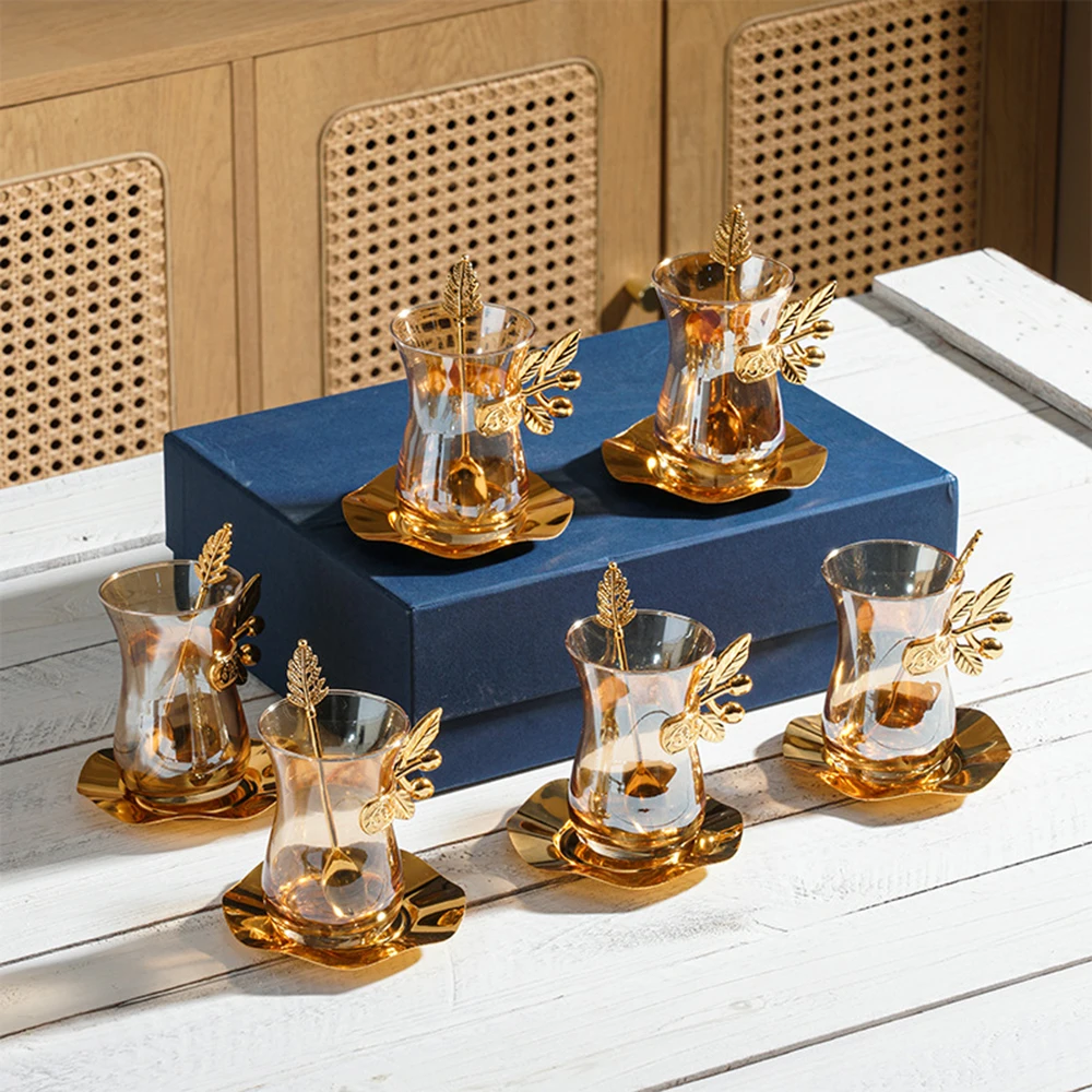 Turkish Coffee Cup and Saucer Set, Palace Style High Borosilicate Glass Tea Cups, Glass Cup Saucer Spoon 6 Pcs Set, Drinkware
