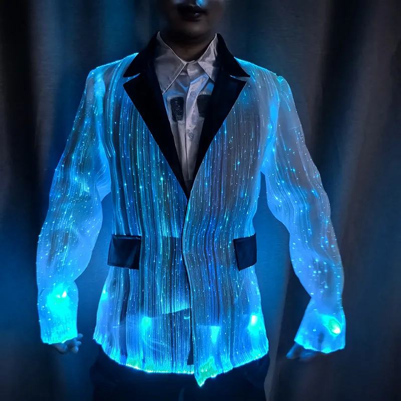LED Fiber Optic Tuxedo Blazer Style Suit Men Luminous Light up Stage Costume Nightclub DJ Glowing Jacket Clothing Rave Outfit
