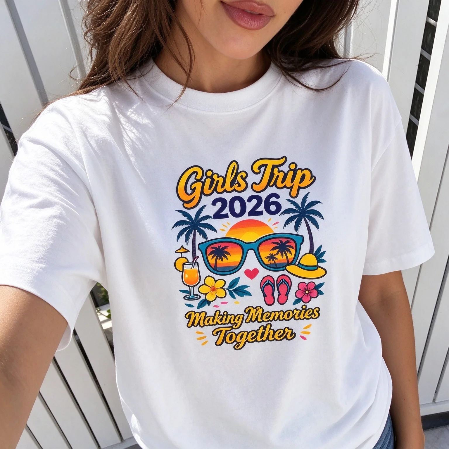 Women  Short Sleeve T Shirt Girls Trip 2026 Making Memories Together Tropical Vacation Print Crew Neck Casual Loose Basic Tees