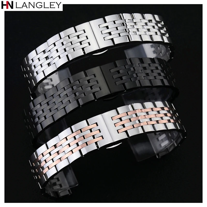 T41 Watch Band Strap Solid Stainless Steel Bracelet Seven Beads Butterfly Buckle 12 13 14 15 16 17 18 19 20 21 22 23 24mm Bands