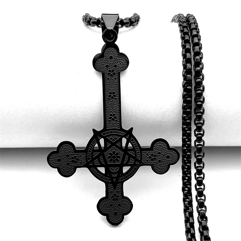 

Gothic Punk Witchcraft Pentagram Inverted Cross Pendant Necklace for Women Men Stainless Steel Silver Color Star Chain Jewelry