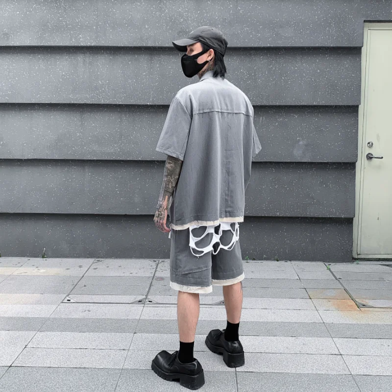 Multi Pocket Cargo Dark Niche Deconstruction Advanced Short-Sleeved Suit Shorts Men's Trendy with Handsome