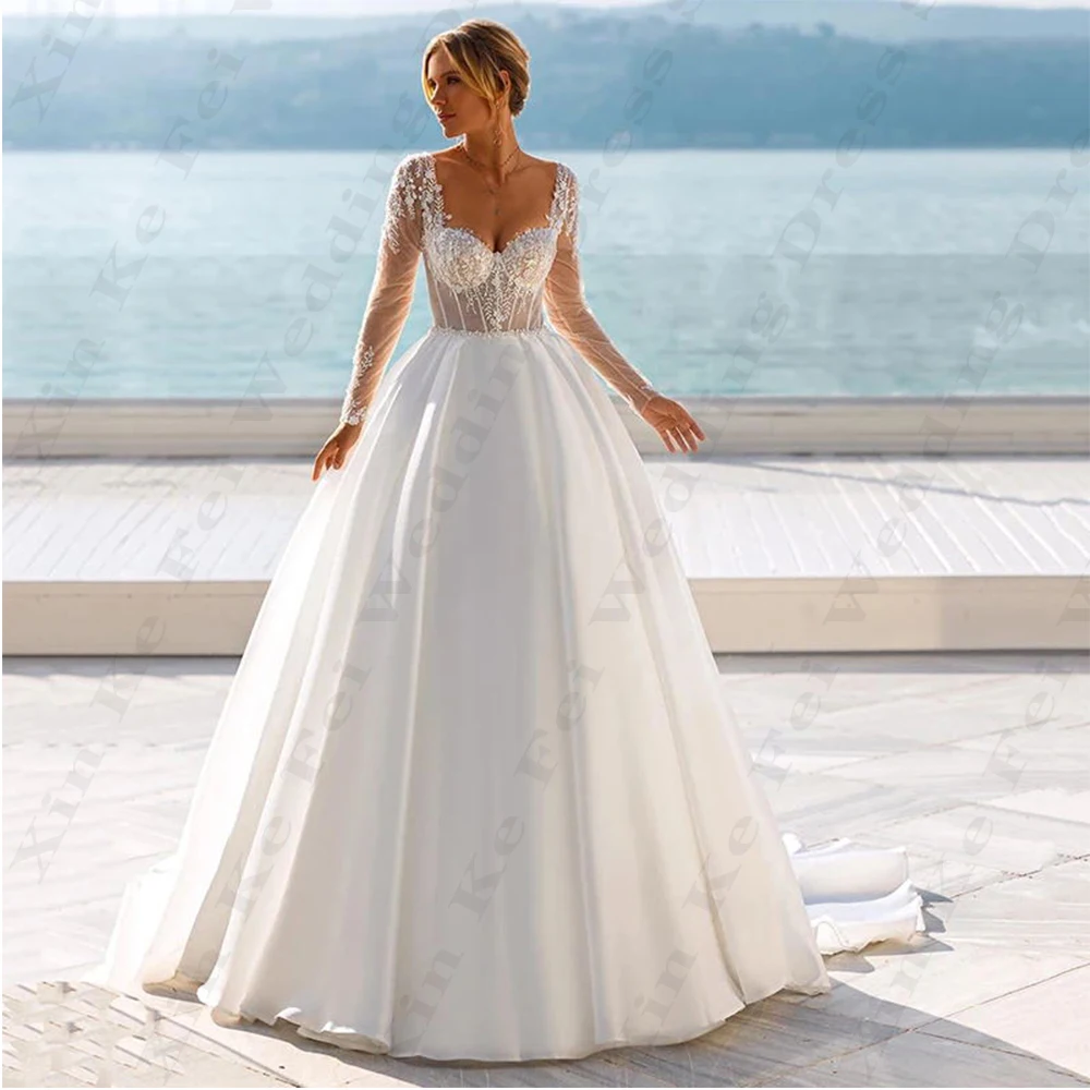 Vestidos de novia elegantes con Apliques de encaje, vestidos de novia con Espalda descubierta, hombros descubiertos, mangas largas, estilo princesa esponjoso