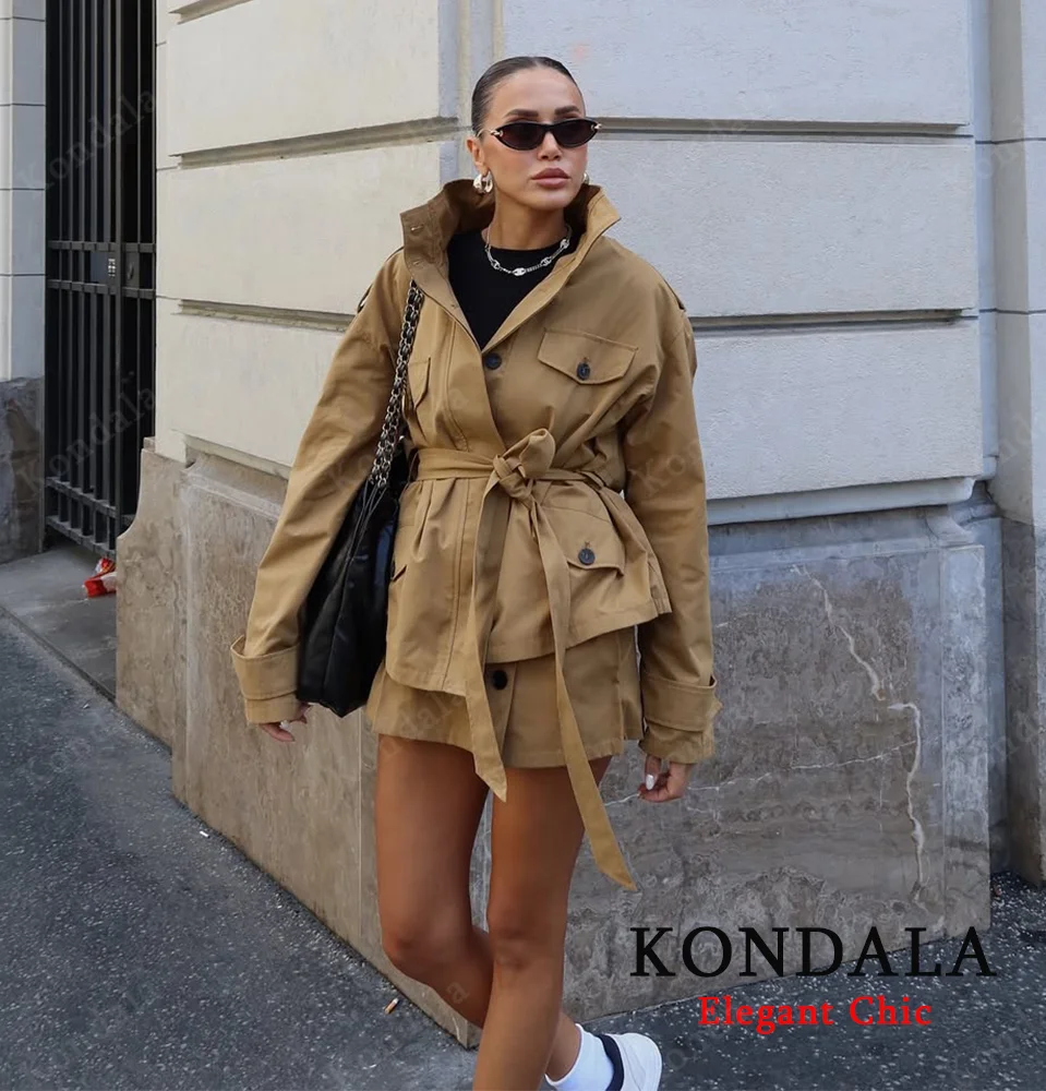 

Autumn Women Elegant Commute Trench Coat Stand-up Collar Belted Coat 2025 Spring Fall Fashion High Street Lady Short Trench Coat