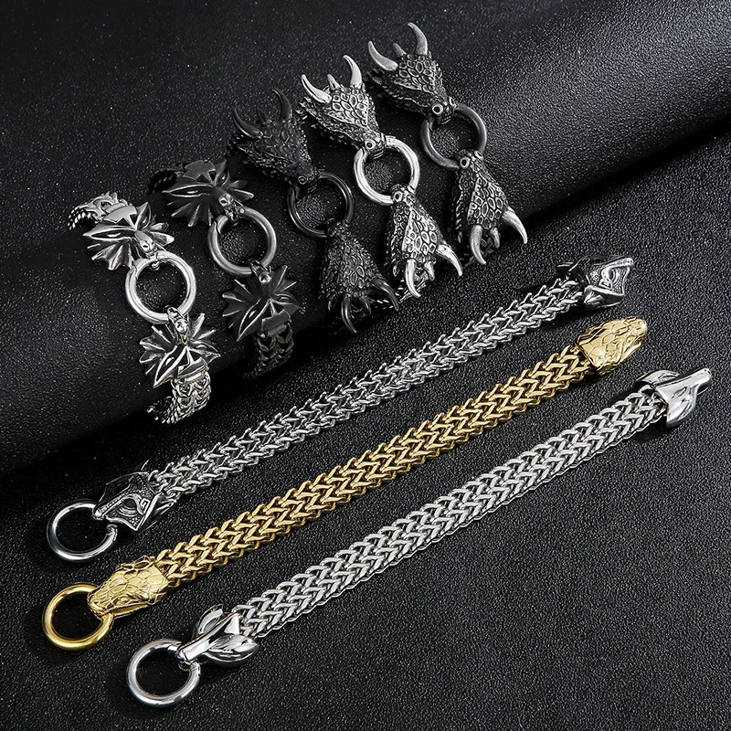 Vintage Domineering Dragon/Fox/Wolf Chunky Bracelet for Men Mesh Watch Bracelet Stainless Steel Animal Motorcycle Trendy Jewelry