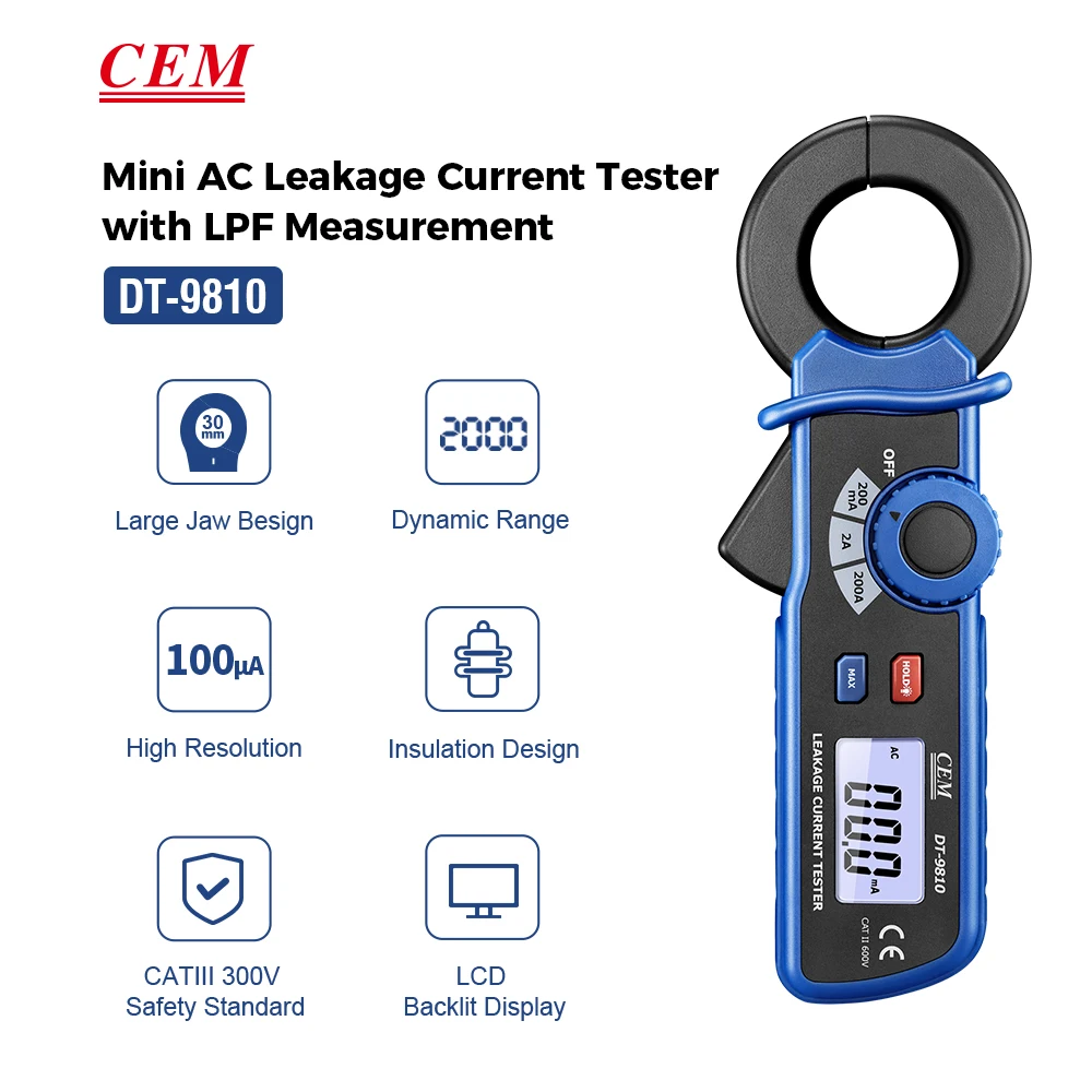 CEM DT-9810 Mini tester prądu upływowego AC Tester cęgowy