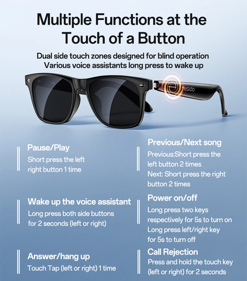 

Умные Bluetooth-очки Yesido для езды на велосипеде, спортивные музыкальные очки с защитой от ультрафиолета, долговечная батарея, удобные водонепроницаемые