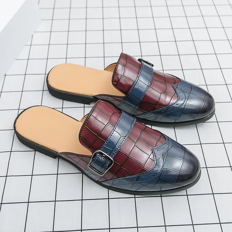 Fashion 2026 Mens Black Blue Brown Crocodile Pattern Leather Half Slippers Shoes Male Casual Mules Moccasins Breathable Loafers