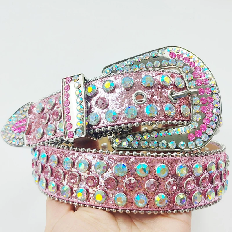 

men's casual party nightclub pink soft leather rhinestone belts diamond studded belt designer waistband womens stylish strapon