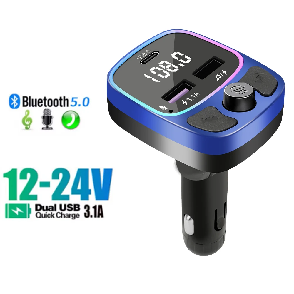 

Bluetooth 5.0 Car Fm Transmitter 180 Degree Adjustment Head Dual Usb Ambient Player Mp3 Charger Type-C Wireless Light Handsfree