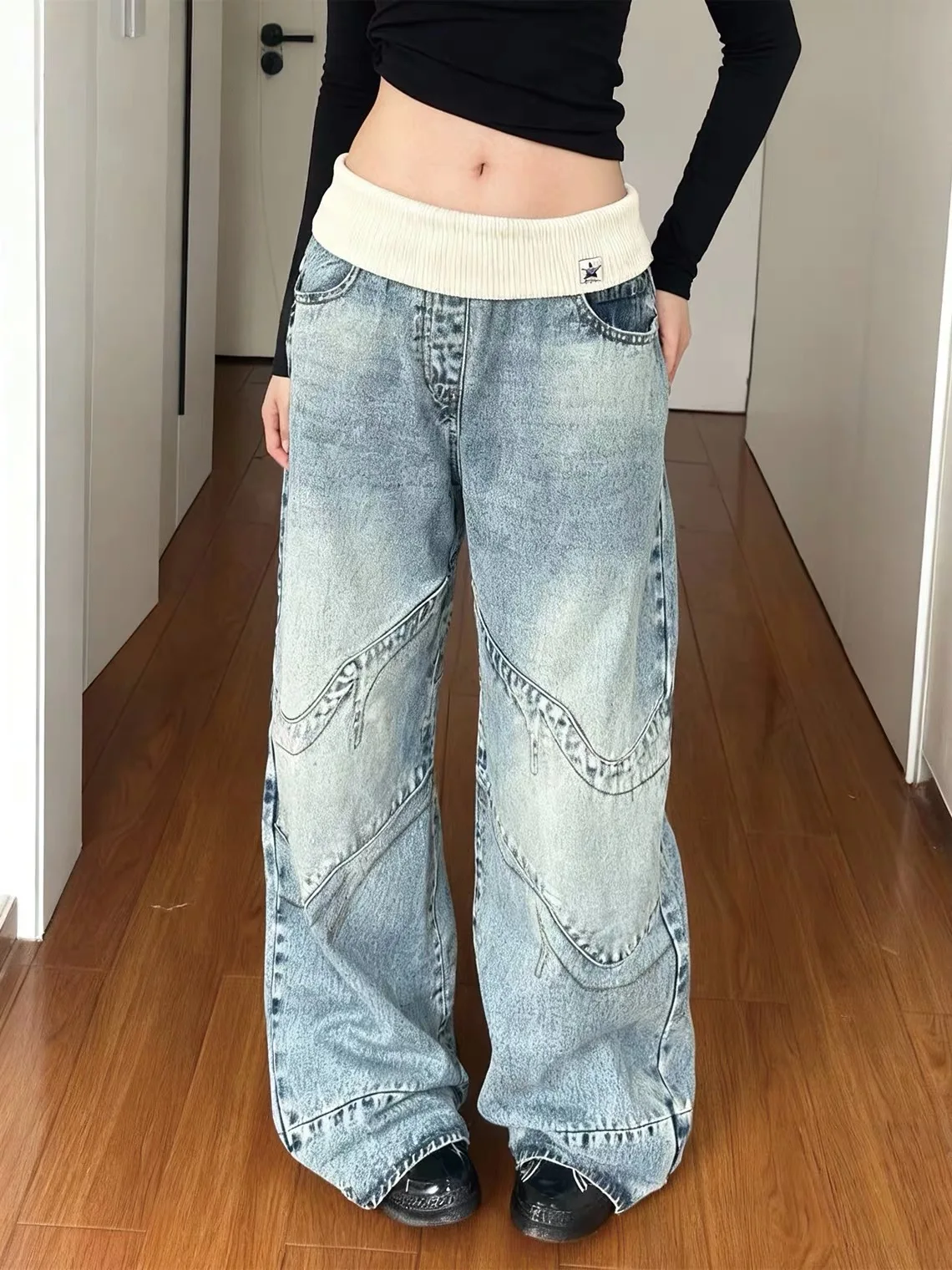 American Vibe Large Size Retro Cuffed Straight Leg Denim Jeans Women's Sexy Loose Hanging Washed Floor-Length Pants