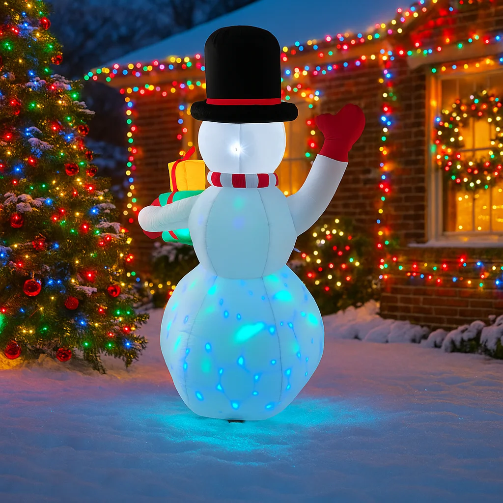 ตุ๊กตาหิมะเป่าลมขนาด 6.8 ฟุต สำหรับตกแต่งคริสต์มาส ถือของขวัญและของเล่น ตกแต่งบ้านและสวน พร้อมไฟ LED ของตกแต่งคริสต์มาสกลางแจ้ง