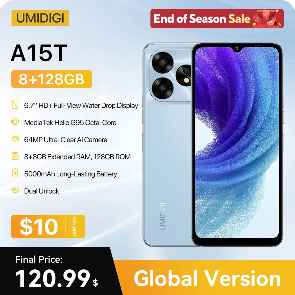 

UMIDIGI A15T смартфон Android 13 MTK Helio G95 Octa-Core Ultra-Slim 6.7" HD+ 64MP AI Camera 8+8GB 128GB 5000mAh 18W NFC телефон