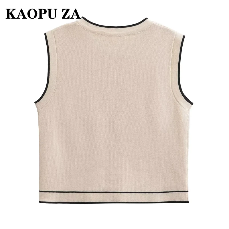 KAOPU ZA European Style 2024 Fall New Women's Round Neck Sweater Color-Block Trim Knit Vest Top