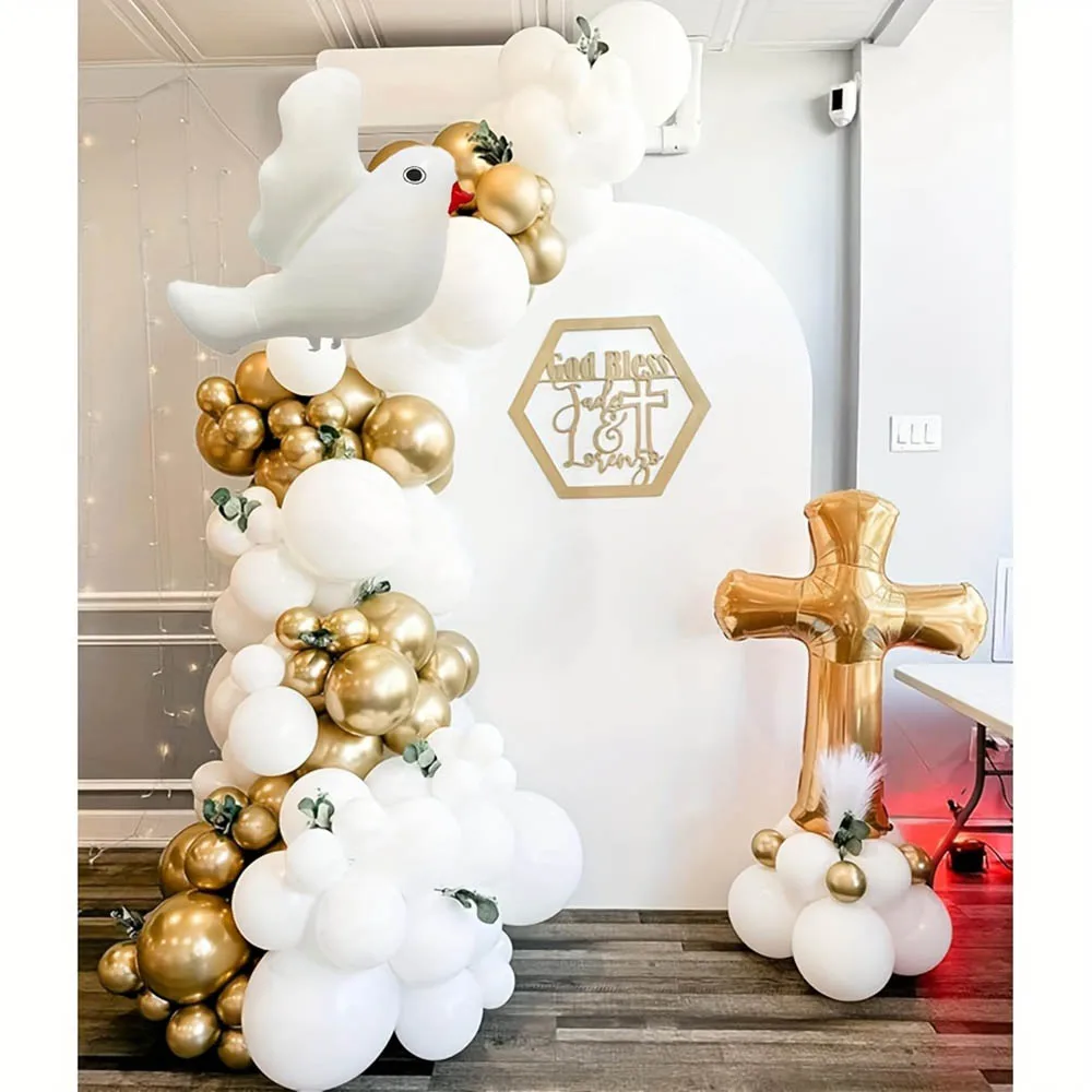 111 Stück weiße Tauben-Goldkreuz-Folienballons für Erstkommunion, Weihnachten, Taufe, Babyparty, Hochzeitsfeier, Dekoration, Geschenke