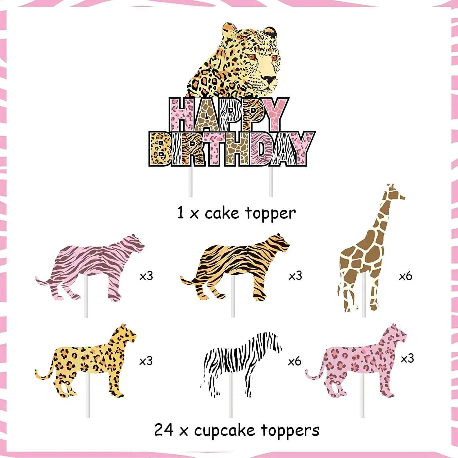 Funmemoir Jungle Animals Cake Decorations Cheetah Cake Topper 24Pcs Safari Animal Print Cupcake Toppers Birthday Party Supplies