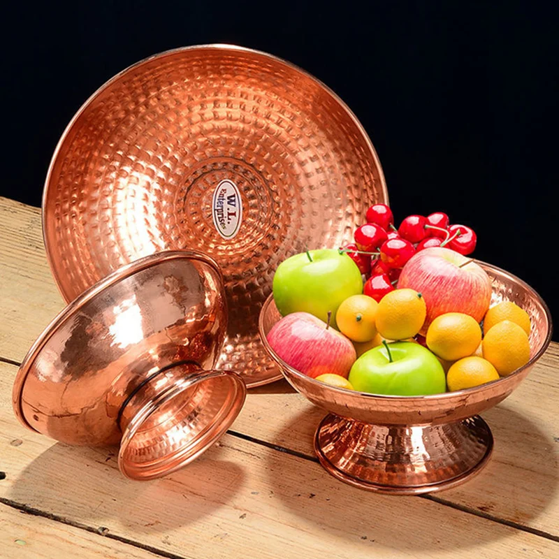 Tibetan Red Copper Bowl Fruit Dish Auspicious Buddhism Engraving Plate Altars Food Tray Desktop Indoor Home Decorative