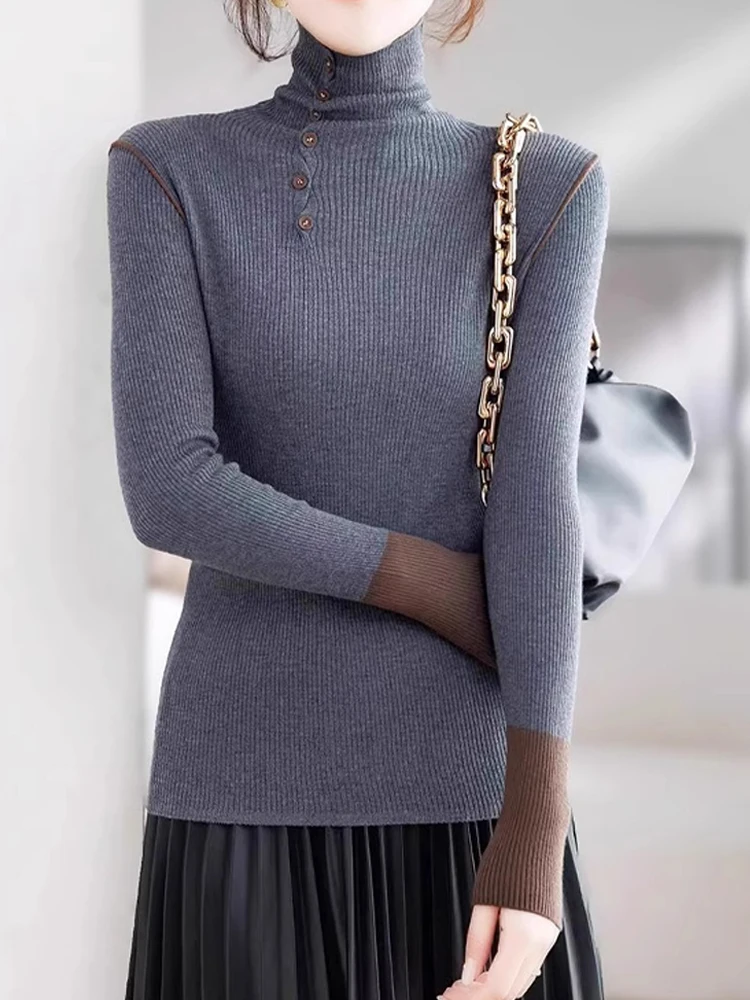 

Sli High Collar Long Sve Overhead Knitted Base irt Women's Faion Patchwork Button Design Sense Top Korean Sle