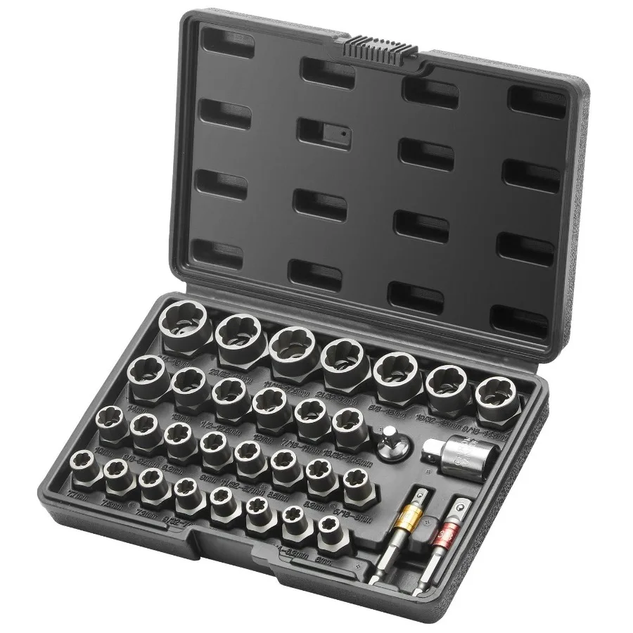 Juego de extractores de pernos Juego de extractores de pernos y tuercas de 29 piezas de 6 mm a 10 mm 13 32 a 3 4 Juego de casos de extracción de acero CRMO con caja de almacenamiento