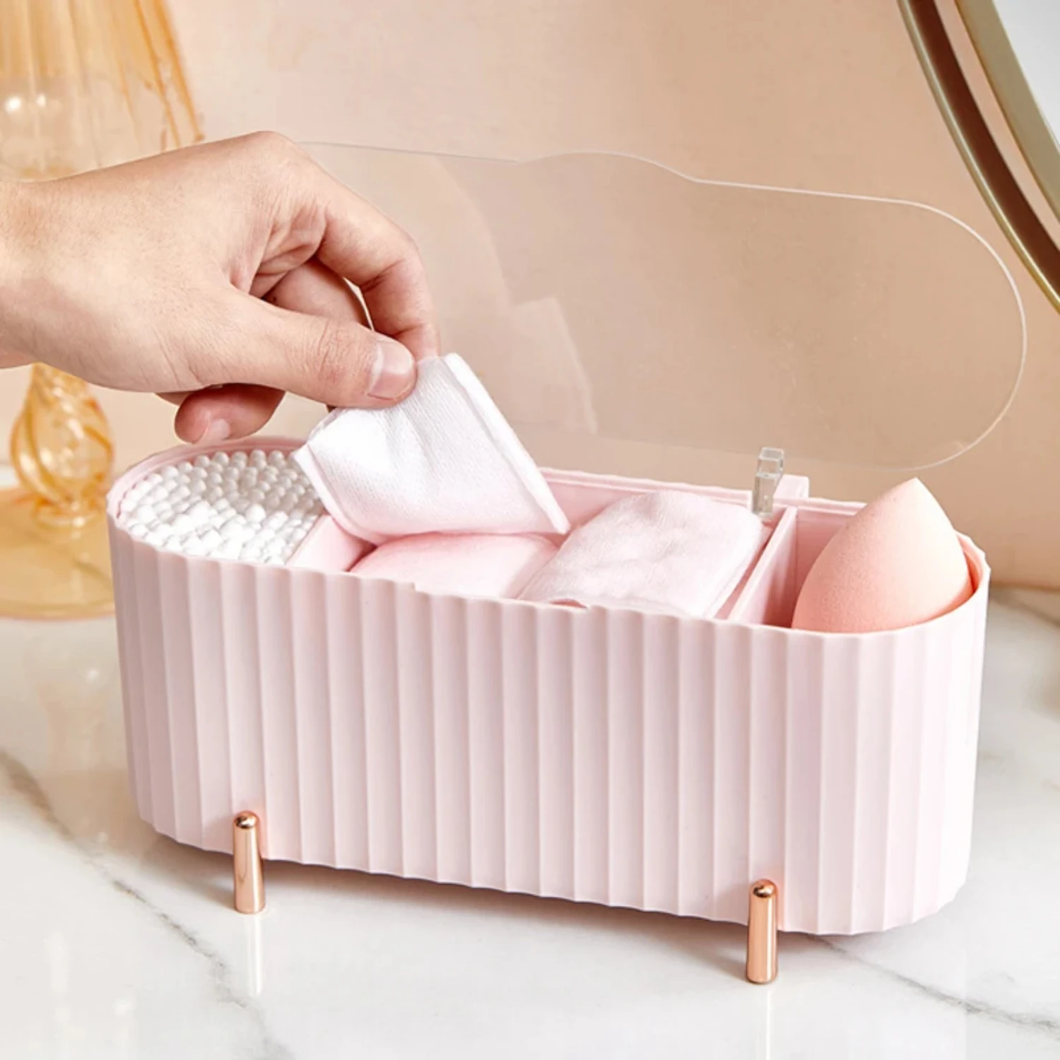 Stylish Dust-Proof Desktop Cosmetics and Jewelry Organizer Box, Makeup Organizer for Cotton Pads, Beauty Egg Holder, Bathroom Je