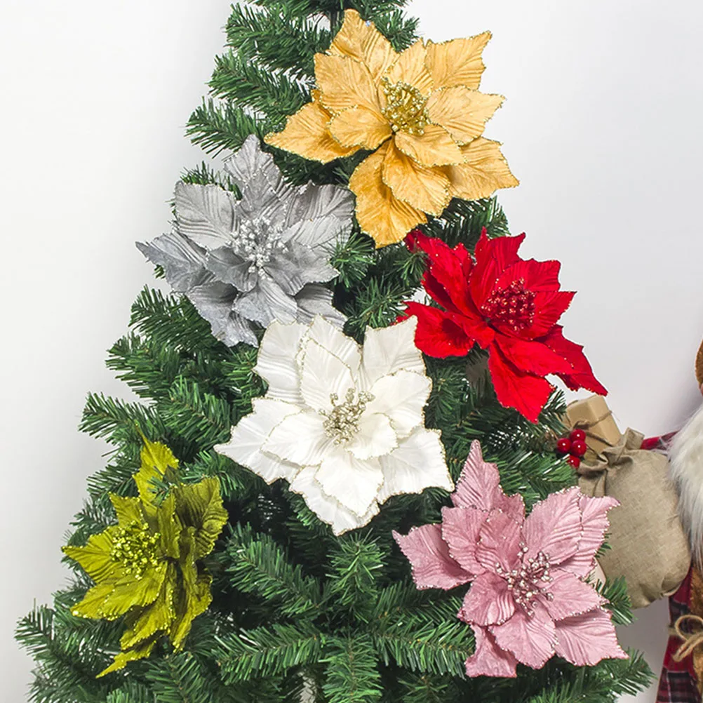 

6 Pcs Christmas Tree Flowers Artificial PVC Poinsettia Decoration Xmas Wreath Vase Festive Non Fading Reusable Bright Color