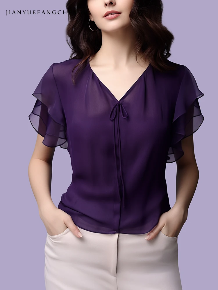 2024 Summer Purple Ruffled Chiffon Shirt Women\'s Top V-neck Short Sleeve Slim Female Casual Tulle Blouses