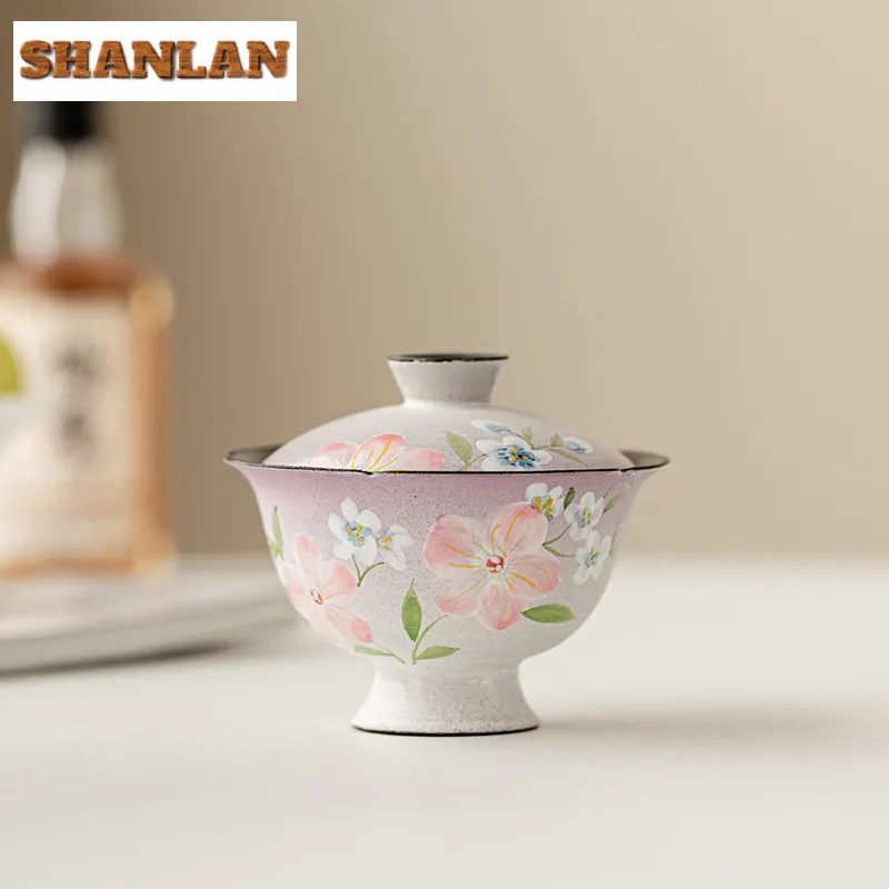 

140ml Powder Yin Hand-painted Winter Jasmine Gaiwan Antique Tea Tureen Tea Bowl With Lid Kit Tea Maker Cover Bowl Cafes Gift