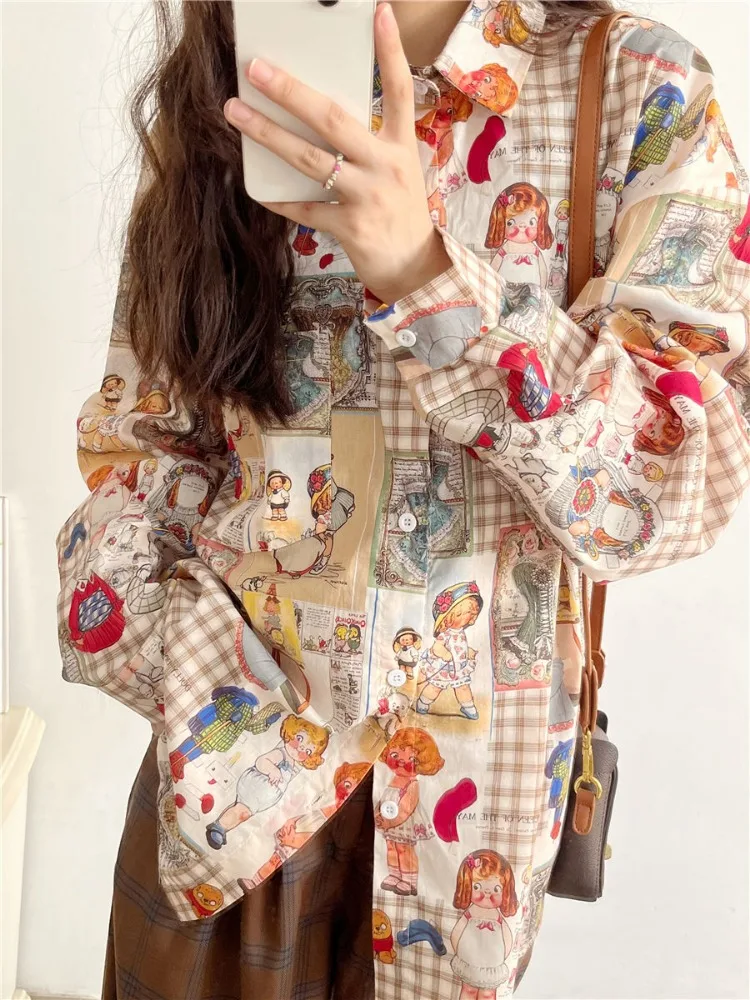 Vintage Kawaii Cartoon Printing Grunge Shirts Women Single Breasted Oversized Blouses Japanese Casual Harajuku Blusas Outerwear