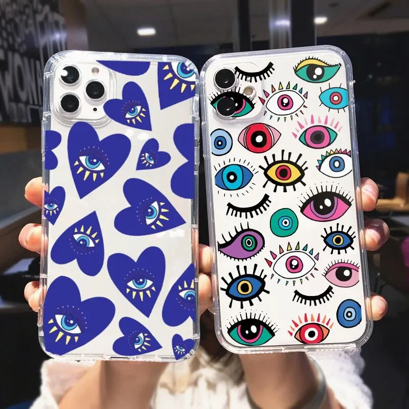 Blue Evil Eyes Clear Phone Case For iPhone 15 13 14 12 11 Pro Max Mini X XR XS 8 14 Plus SE Graffiti Shockproof Soft Cover Funda