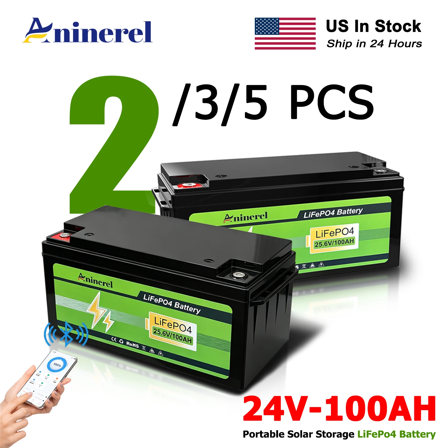 Aninerel Portable LiFePO4 Battery 25.6V 100AH 1/2/3/5PCS Bluetooth Connect 6000+ Cycles Home Rv Storage Battery Built-in BMS US In Stock