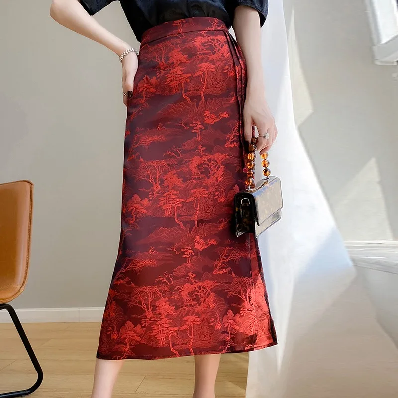 Silk Acetate Satin f Skirt Women's High Waist A-Line Midi Summer Faion Retro Versatile Long Skirt Floral Print Commute S...