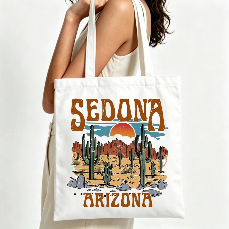 desert landscape cactus print canvas tote bag, vintage style for casual summer outings and daily shopping