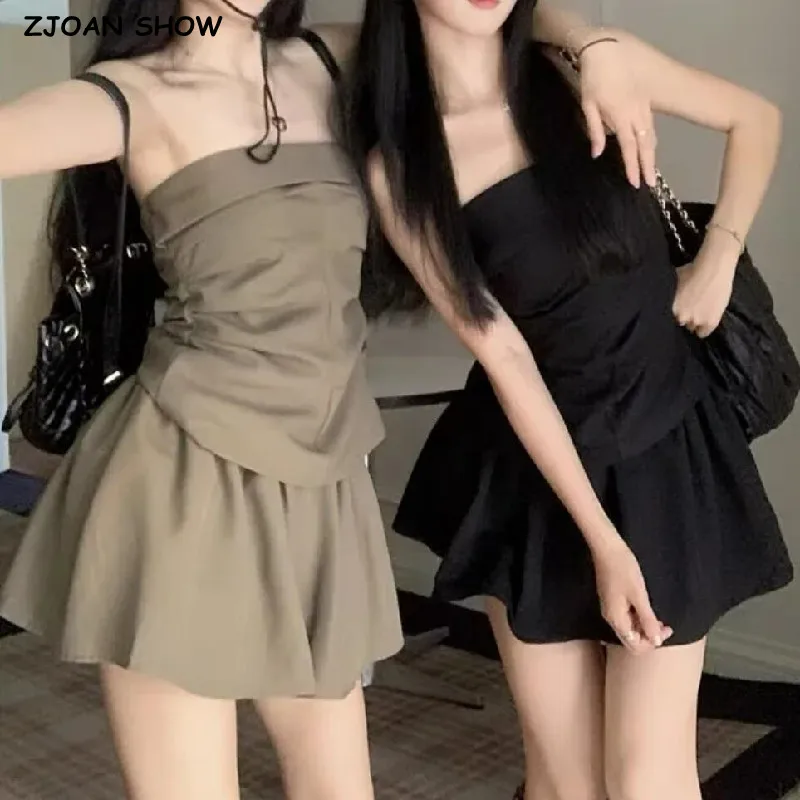 2023 Summer Slash Collar Strapless Tank Top Sexy Women Elastic High Waist Mini Short Skirt With Shorts bielizna 2 Pieces 1 Set