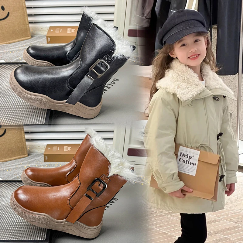 

Children's Snow Boots 3-18 Years Old Brown Padded Thickened Boys Girls Cotton Shoes Black Waterproof Non-slip Kids Leather Boots
