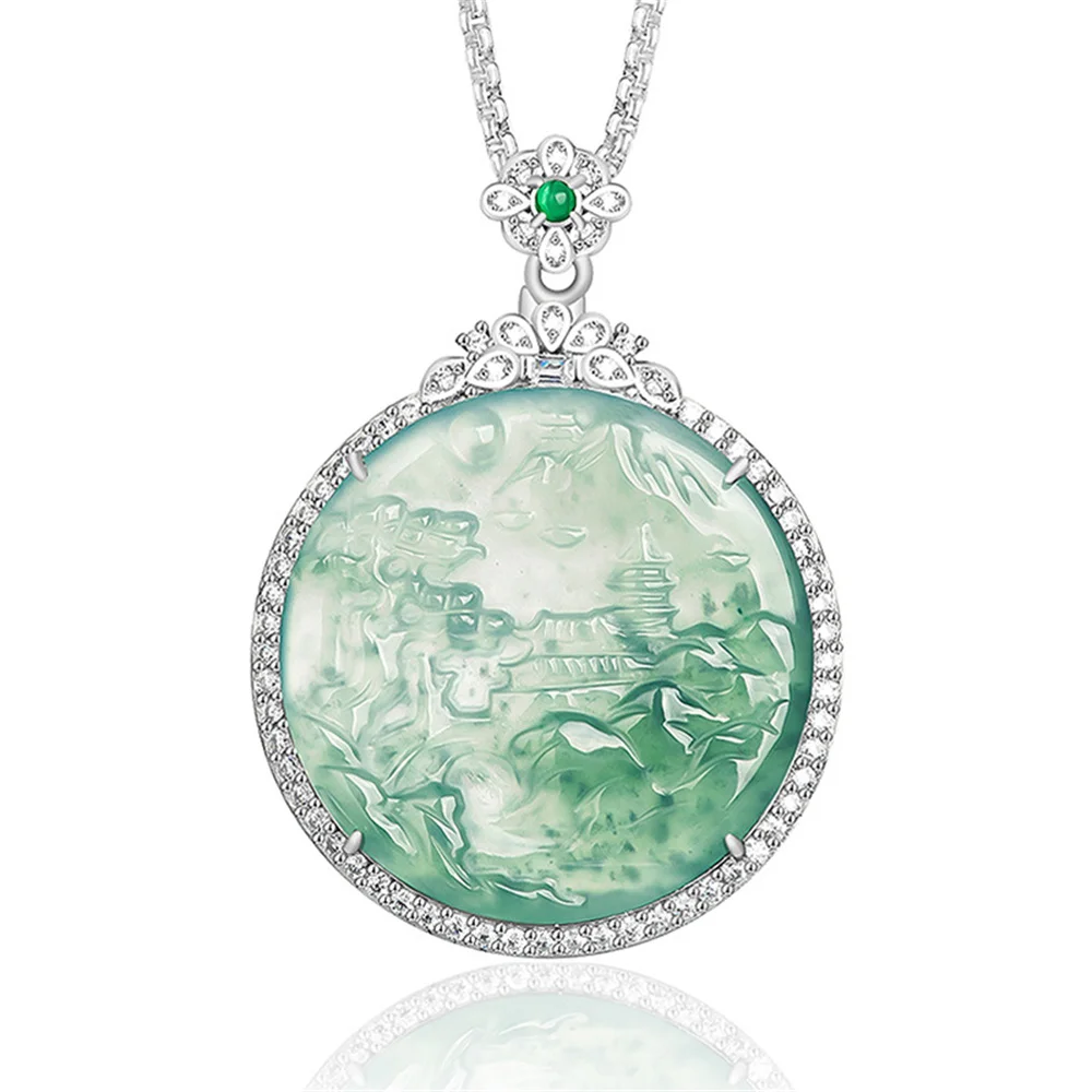 

925 Silver Natural Ice Jadeite Carved Beauty Landscapes Lucky Pendant Amulet Necklace Certificate Luxury Jade Vintage Jewelry