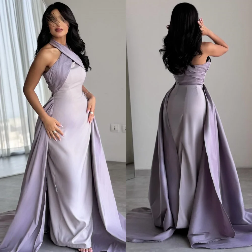 Personnalisé décontracté Simple Jersey plissé a-ligne licou longues robes sur mesure Occasion complexe correspondant
