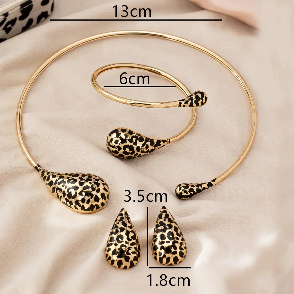 3Pcs Fashion Leopard Print Water Drop Shaped Open Metal Choker Necklace Bracelet Stud Earring for Women Punk Party Jewelry Set