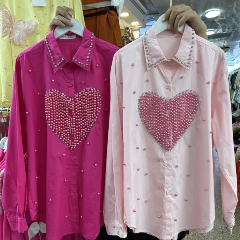 

Love beaded diamond shirt for women new spring and summer loose long-sleeved shirt top blouse