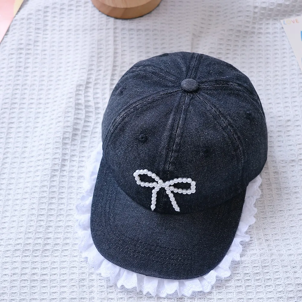 Girls Bow Lace Denim Baseball Hats Fashion Children Peaked Hat Cotton Baby Casual Princess Caps Cotton Retro Kids Sunscreen Cap