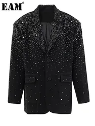 [EAM] Women Black Rhinestones Shining Big Size Elegant Blazer New Lapel Long Sleeve Jacket Fashion Spring Autumn 2024 CPG2248