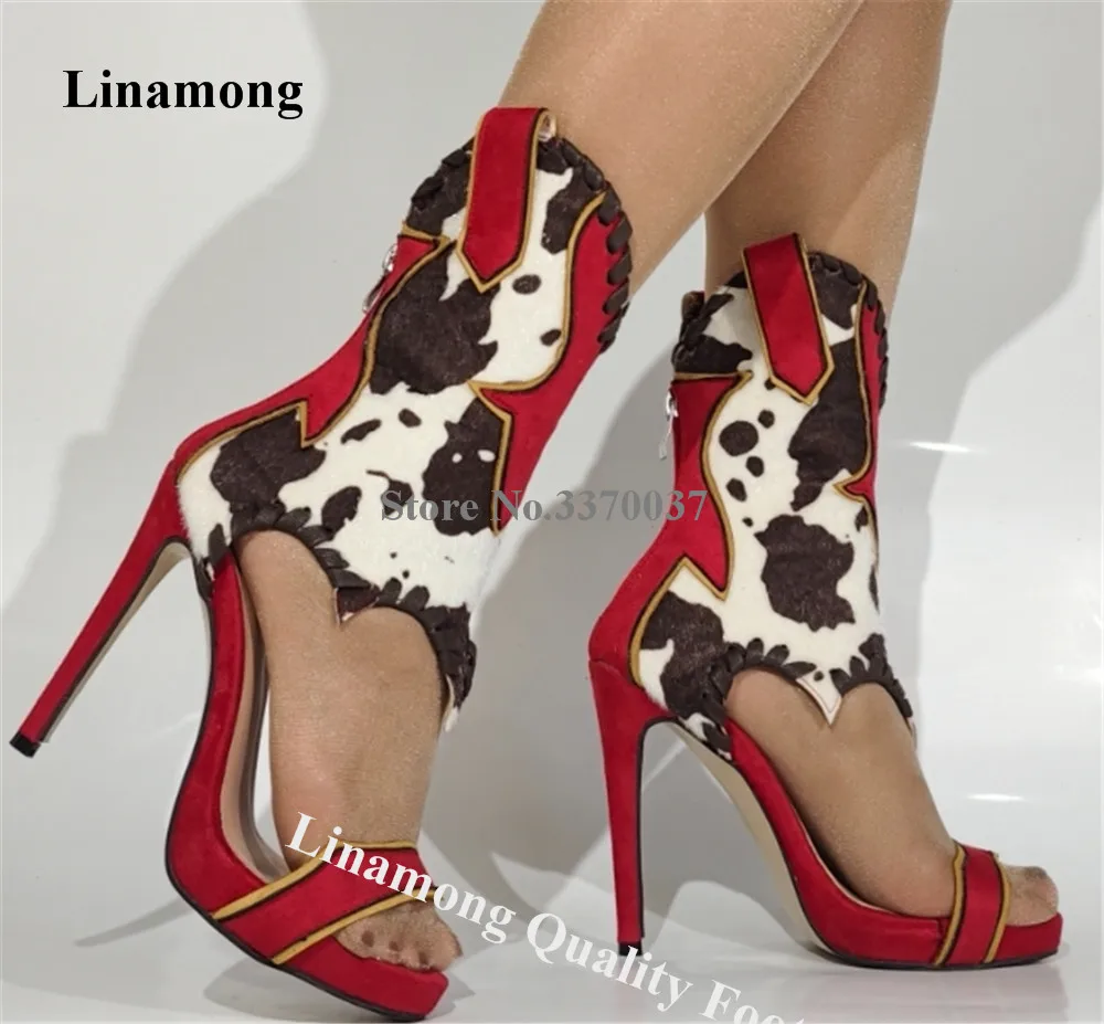 

Linamong новейшие замшевые лоскутные короткие сапоги-гладиаторы на шпильке с открытым носком, красные, зеленые сандалии на тонком каблуке с запахом щиколотки