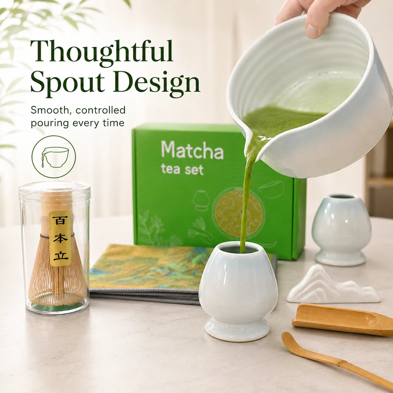 Set Completo de Matcha de 8 Piezas en Azul Degradado con Cuenco de Cerámica, Batidor de Bambú, Soporte para Batidor, Colador, Cuchara para Matcha, Reposacucharas y Paño de Té, Kit de Matcha de Estilo Japonés para el Ho