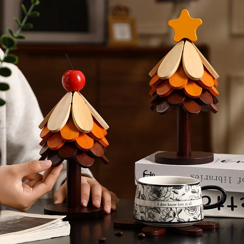 

Insulated wooden heat-resistant mat for home use tree-shaped coaster bamboo ornament Christmas tree casserole food foldable