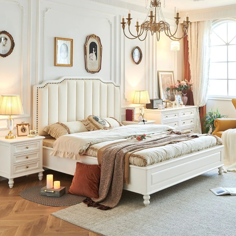 Cream wind, white, American light luxury, solid wood leather soft bed, master bedroom 1.8 meters double bed