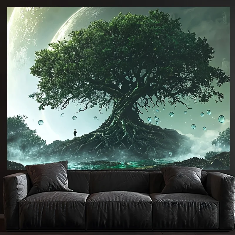 Tapiz de pared Árbol de la vida: diseño de fantasía vibrante con cielo iluminado por la luna, planetas y estrellas, tela de poliéster, perfecto para interiores/exteriores